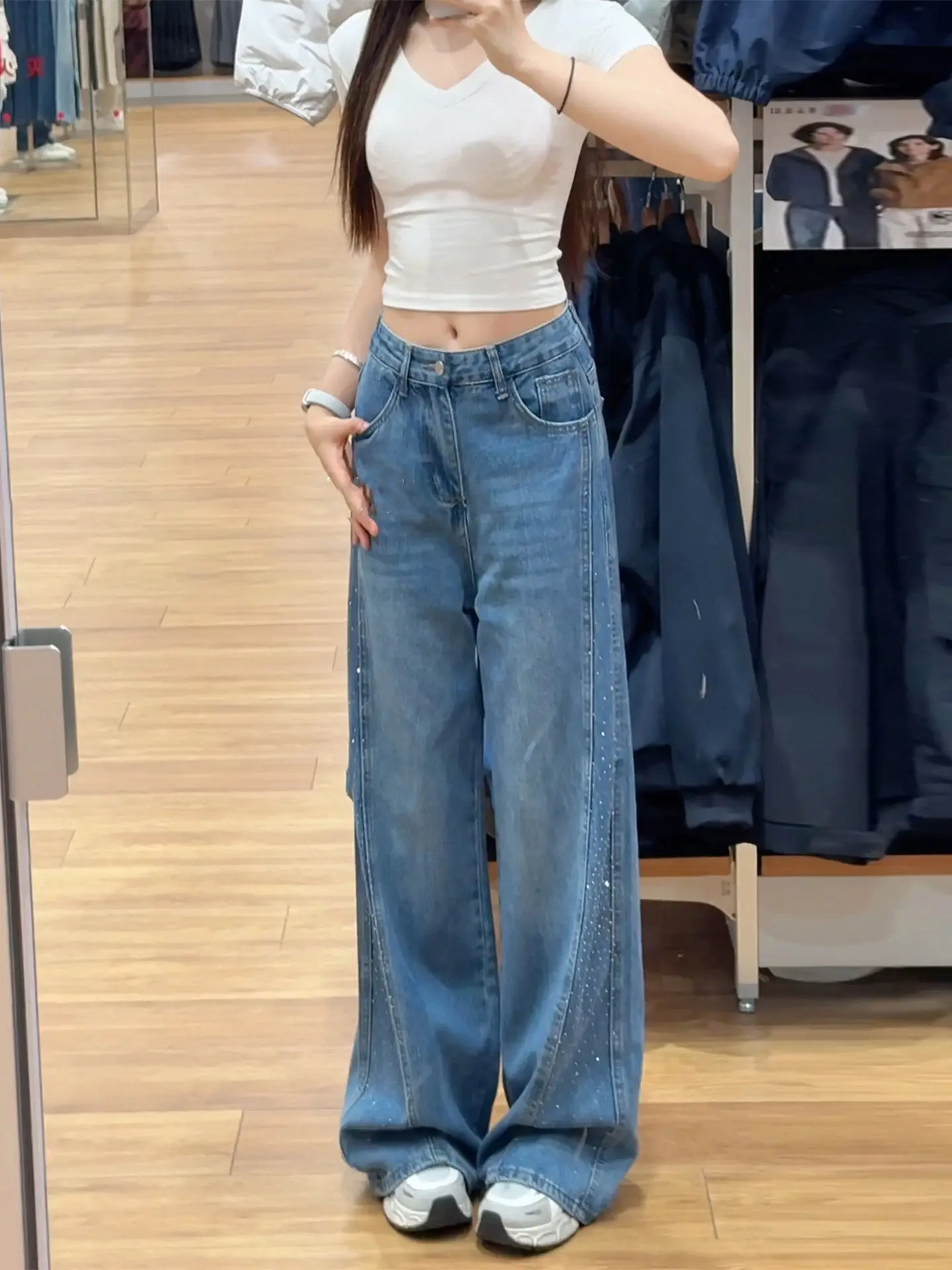 

Korean Style Wide Leg Denim Jeans Women's Summer New plus Size Faint Star Rhinestone High Waist Slimming Loose Straight Pants