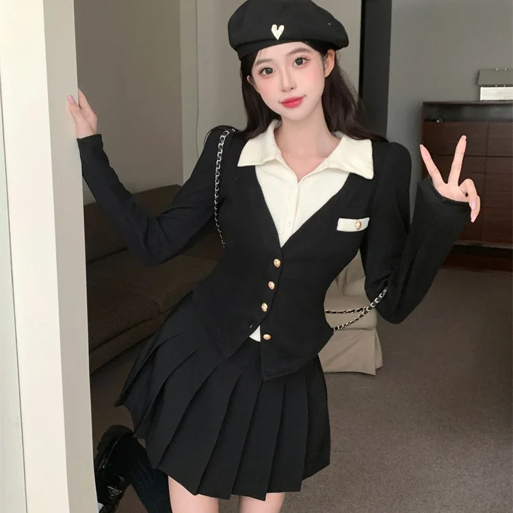 Осенне-зимний женский модный комплект Slim Fit Long Sve с плиссированной юбкой и воротником на пуговицах Sle College Wind