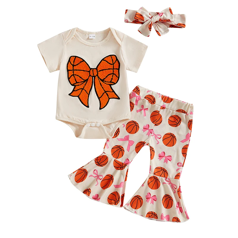 

EWODOS/летняя одежда для маленьких девочек, комбинезон с короткими рукавами и баскетбольным принтом, расклешенные брюки, повязка на голову, одежда из трех предметов