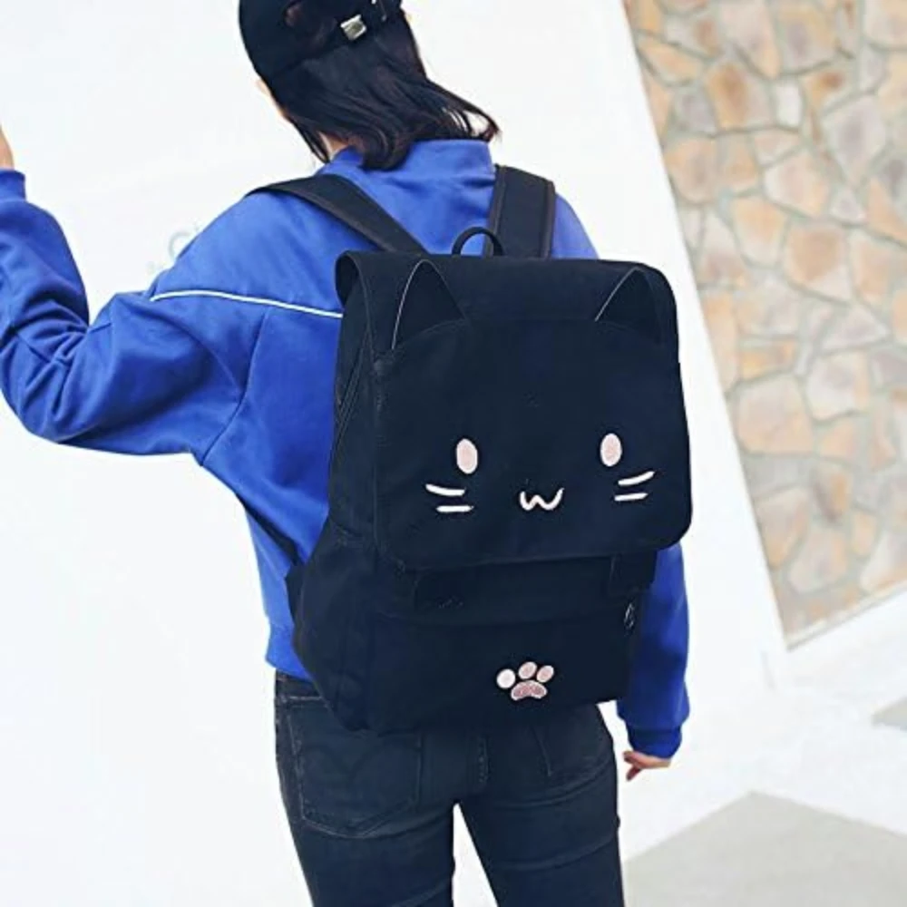 Cute Cat Embroidery Canvas School Laptop Backpack Bags For Kids Plus Size Japanese Cartoon Kitty Paw Schoolbag GirlsBoys Bookbag