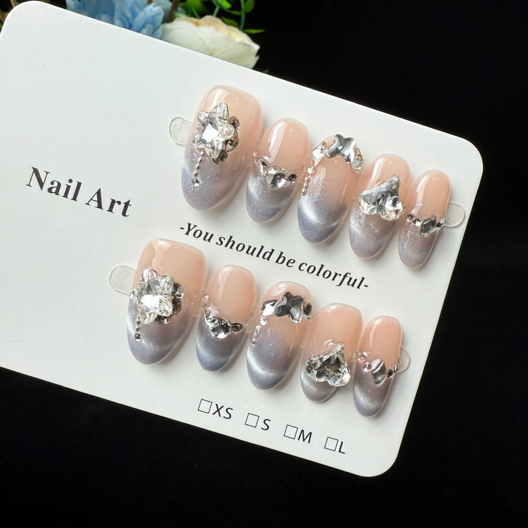 10 قطع من الأظافر الفاخرة والراقية الخفيفة، أظافر فرنسية مصنوعة يدويًا على شكل عين القطة الماسية ثلاثية الأبعاد #4