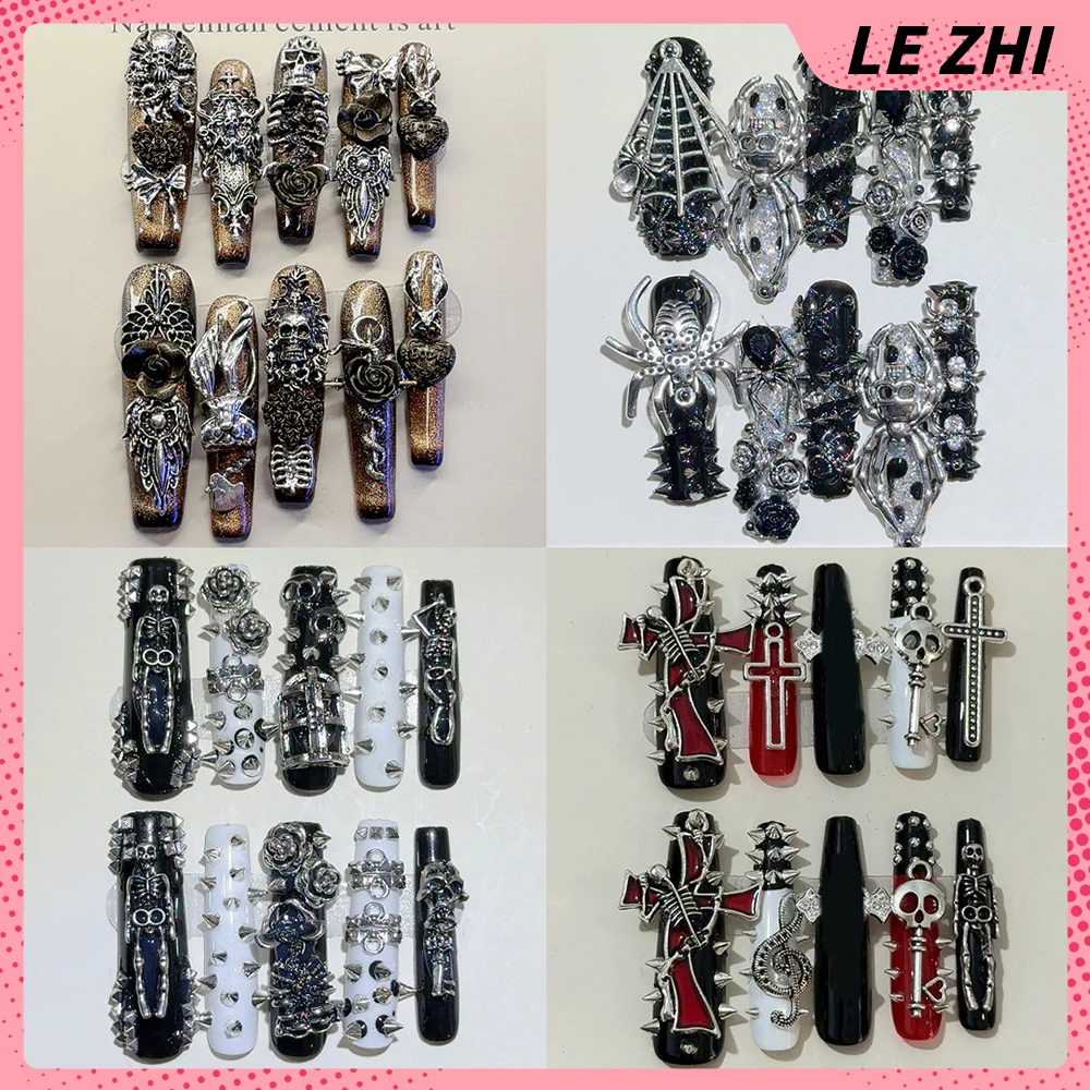 

Europe America Heavy Metal Style Handmade Long Coffin Full Cover Nails Spider Rabbit Skull Rivets Flower Wearable Press On Nails
