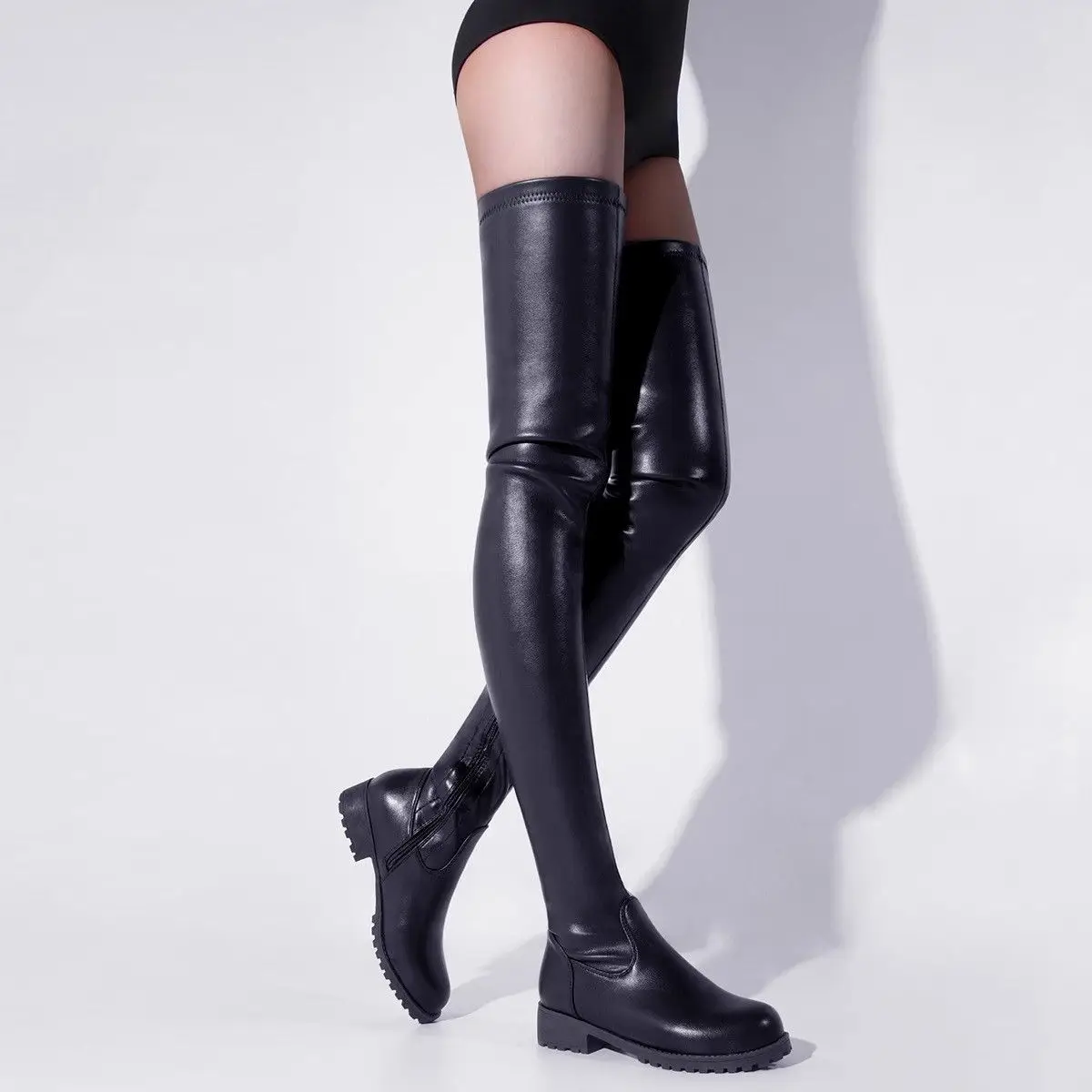 

2025 Winter Plus Size Women's Over-the-Knee Boots with Side Zipper Low Heel Round Toe Leather Fashion Comfortable Boots