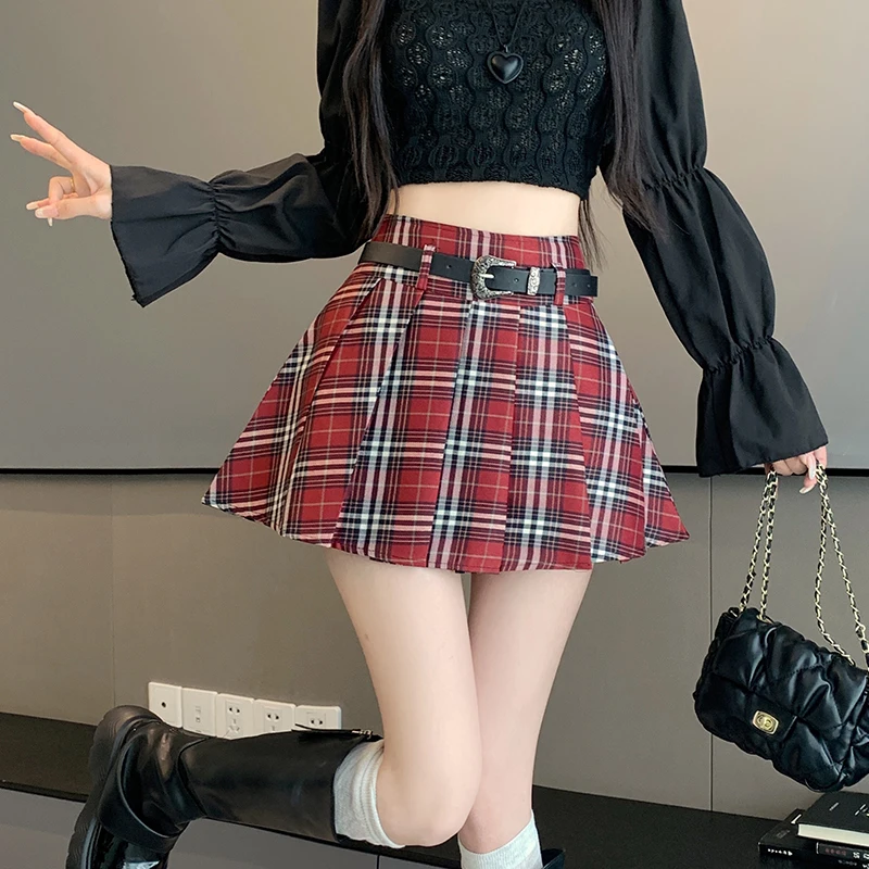 

Slim Plaid Women Pleated Skirt Belted Autumn High Waist Preppy Girls Dance Mini Skirt Cute Sexy Japan Faldas