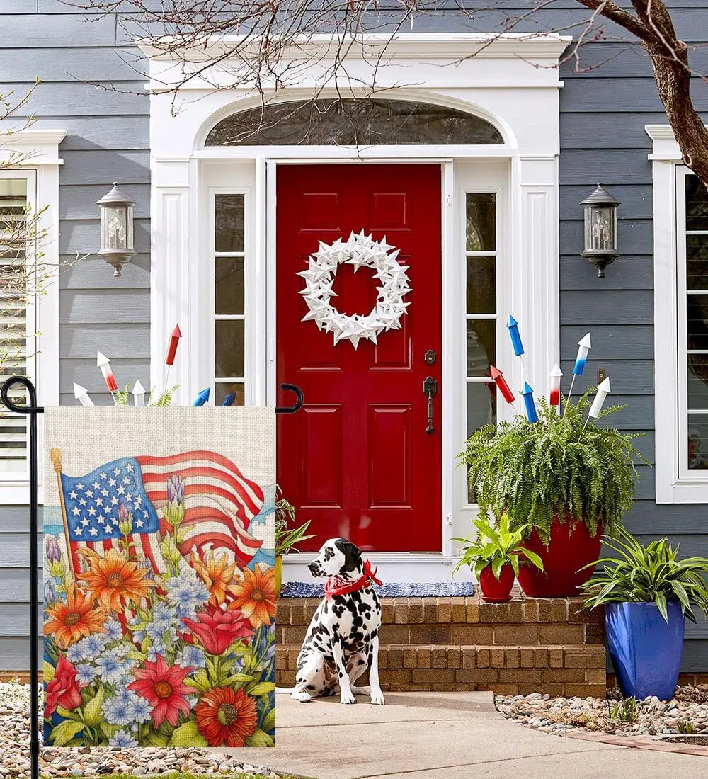 4th of July Floral Garden Flag 12x18 Vertical Double Sided, Patriotic Burlap Yard Flag for Independence Day Outside Decorations