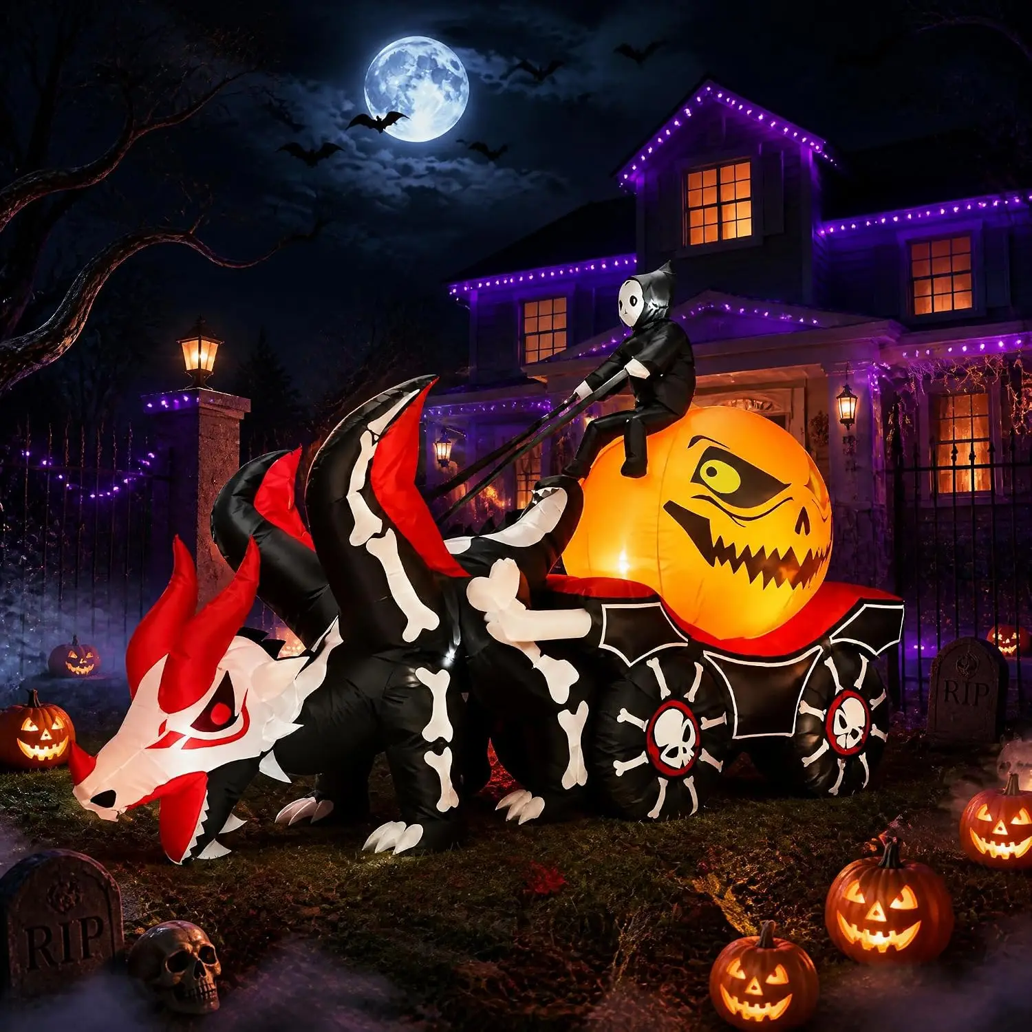 Halloween Inflatable Blow up Outdoor Decorations Blow up Pumpkin Ghost Dinosaur Grim Reaper Carriage Decorations for Halloween Party