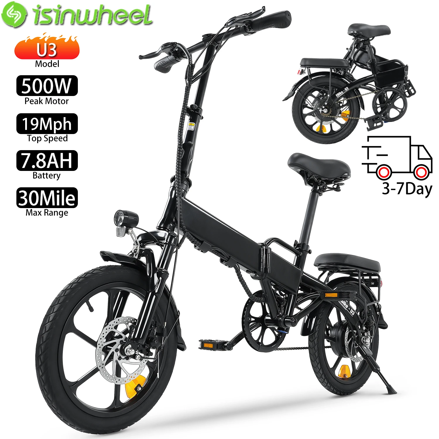 

Электрический велосипед lsinwheel, складной U3, 16 дюймов, 500 Вт, максимальная скорость, 19 миль в час, электронный велосипед для взрослых, 36 В, 7,8 Ач, максимальный диапазон 30 миль, нагрузка 264 дюйма