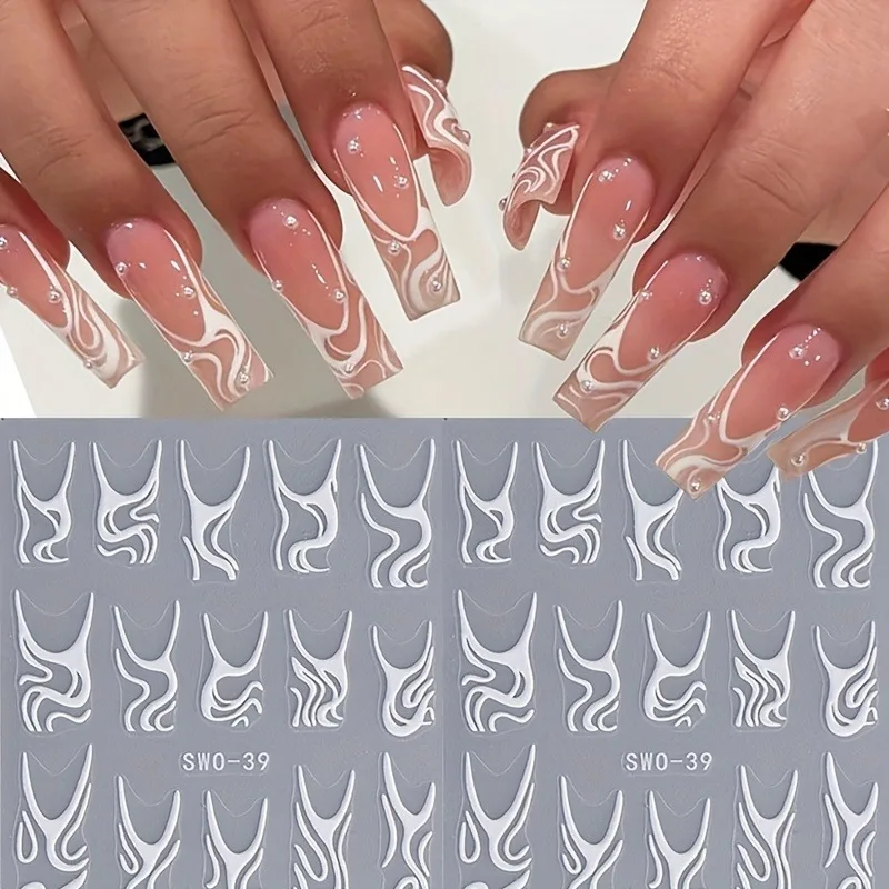 2 Stück weiße Nagelsticker mit Wellenmuster, einfach anzubringen, ideal für die Nageldekoration, als Geschenk, für Partys und zur Gestaltung von Make-up für Hochzeiten.