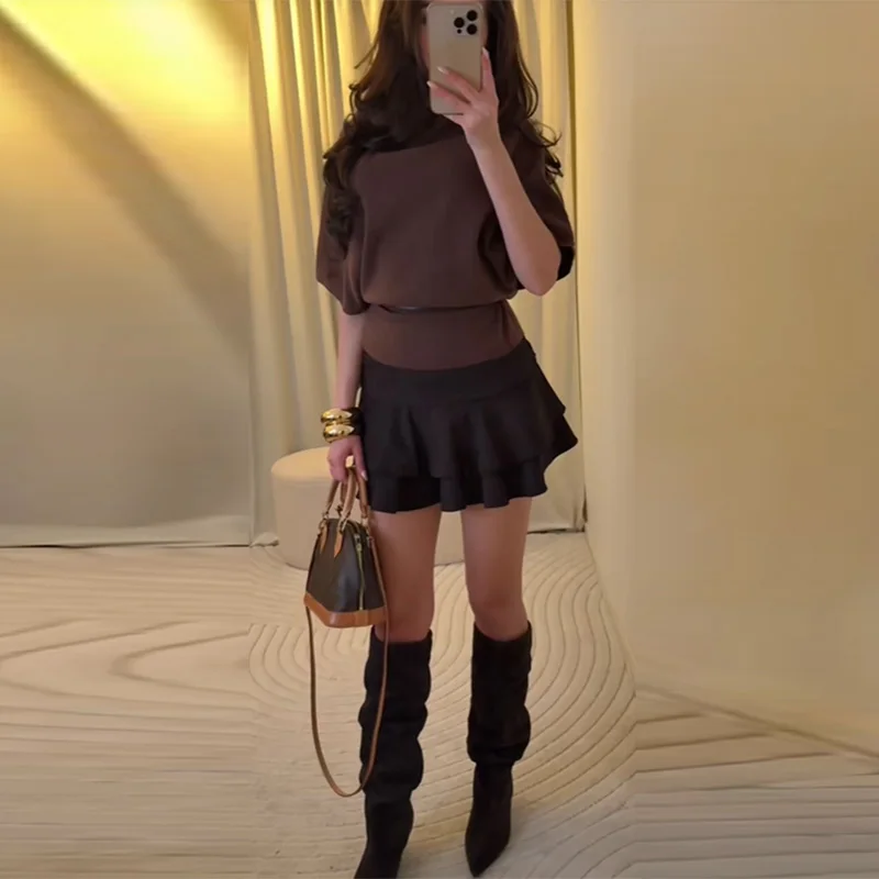 

Fashionable Bat Sleeve Pullover Knitted Top Elegant Trendy Retro Versatile Designers Solid Color Casual Autumn Female Streetwear