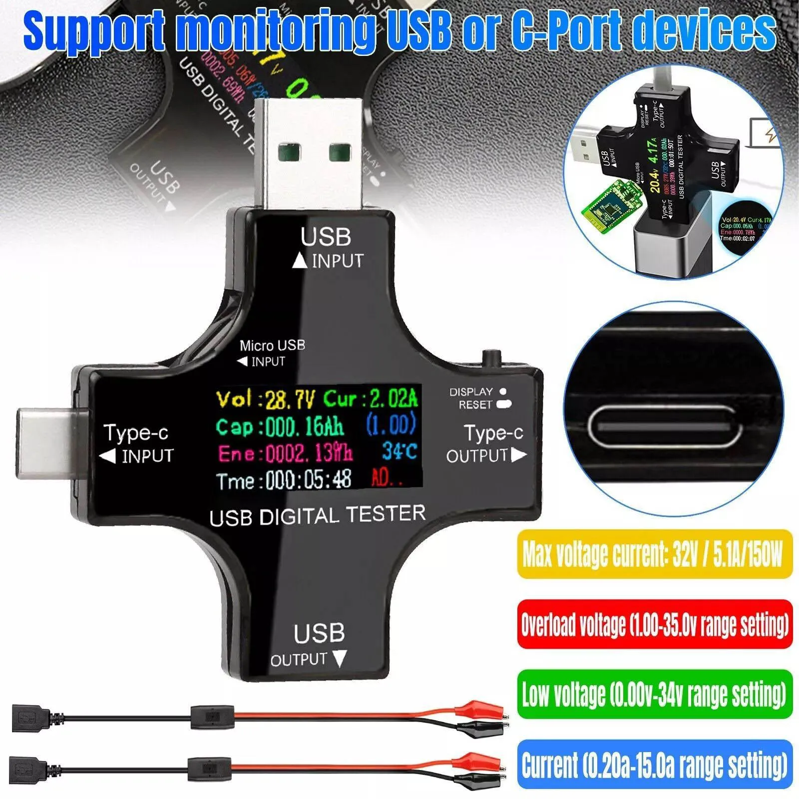 USB C Power Meter Tester PD QC Fast Charging Monitor with OTG Adapter Digital Voltmeter Ammeter for Laptop Phone Charger