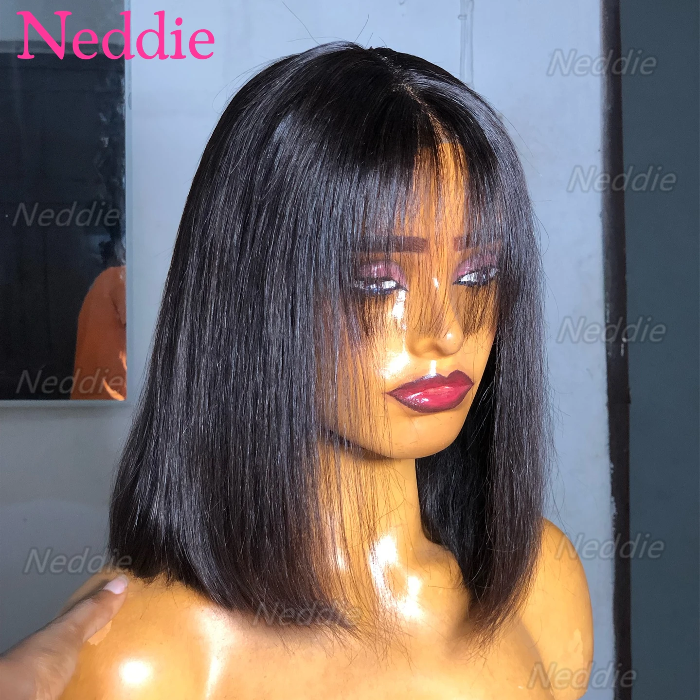 

Short Bob Wig With Bangs Bone Straight Human Hair Wigs Fringe 3x1 Middle Part Lace Wigs Realistic Scalp Bob Wig For Black Women