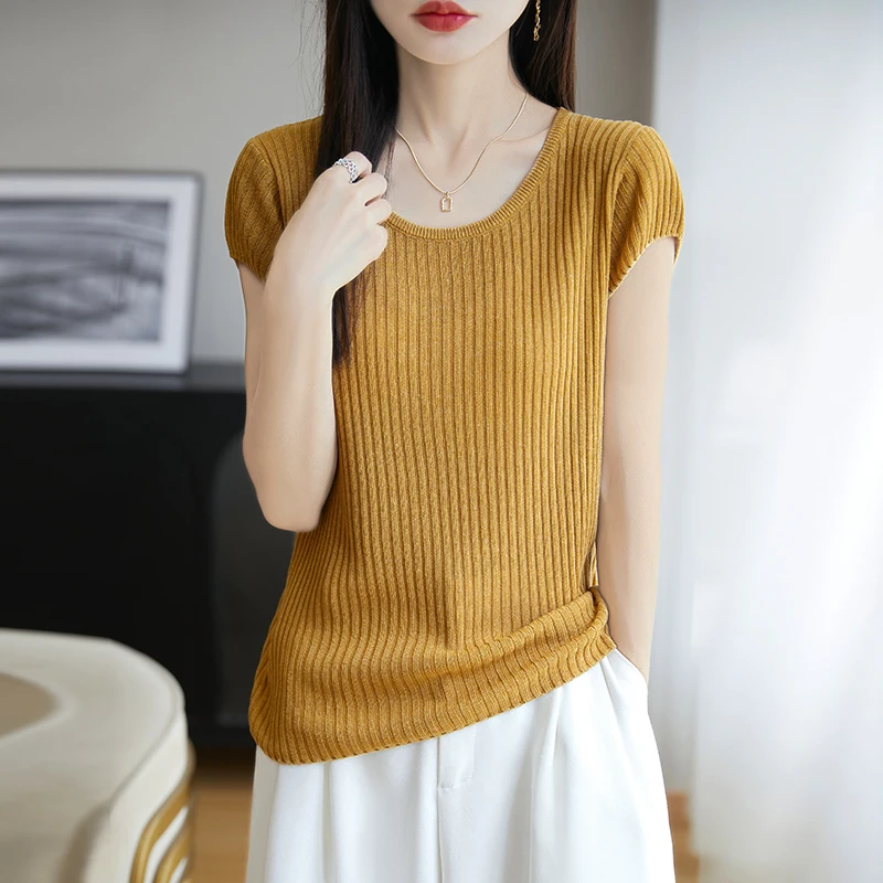 Hot Sales Summer Lyocell and Linen Blend Tops Womens Fashion O-neck Short Sleeve Knitted T-Shirt Soft Comfortable Beach Black