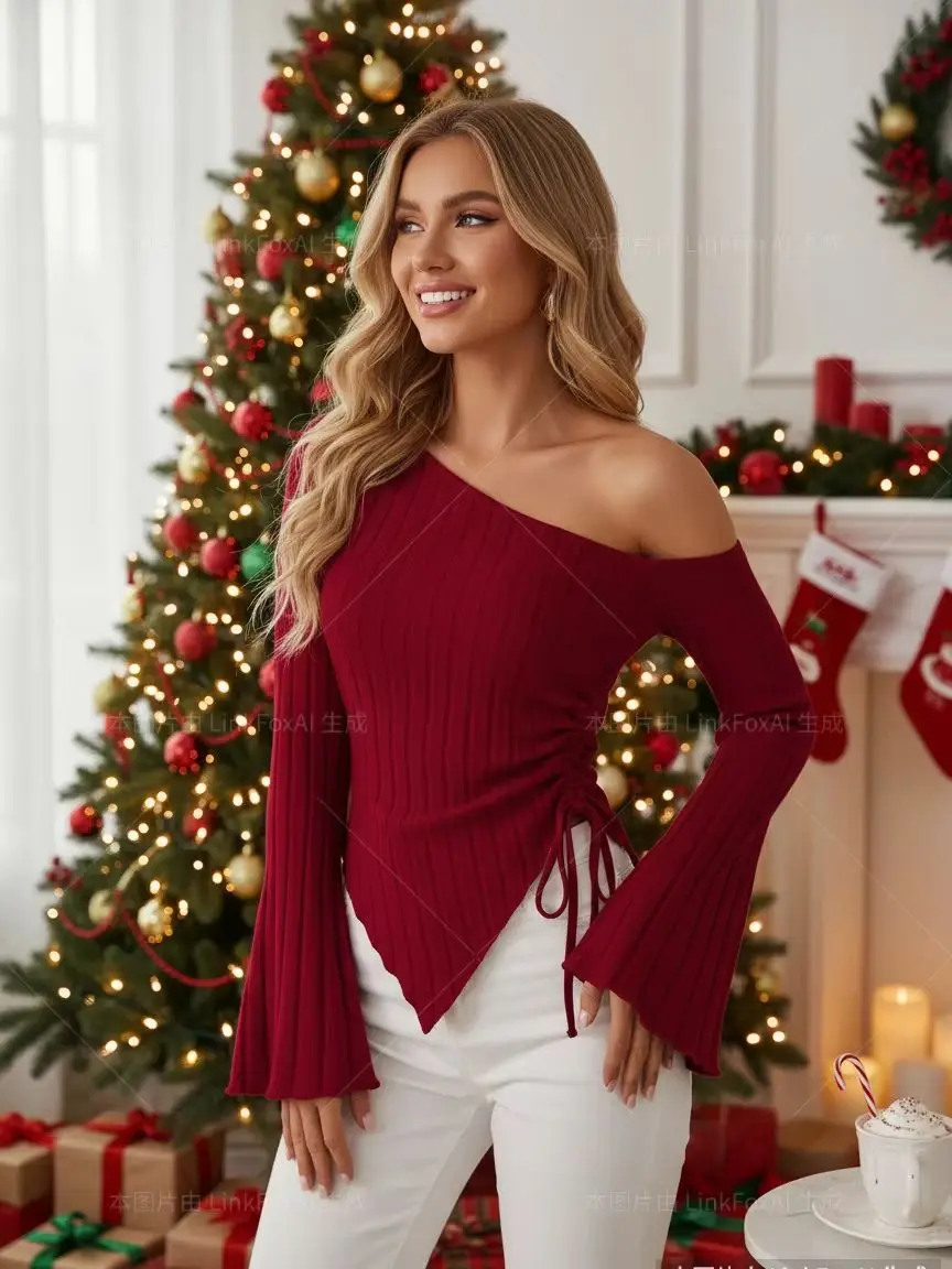 2026 New Christmas New Year Autumn and Winter Women's Sexy Off Shoulder Trumpet T-shirt Top Elegant Asymmetric Party Tops