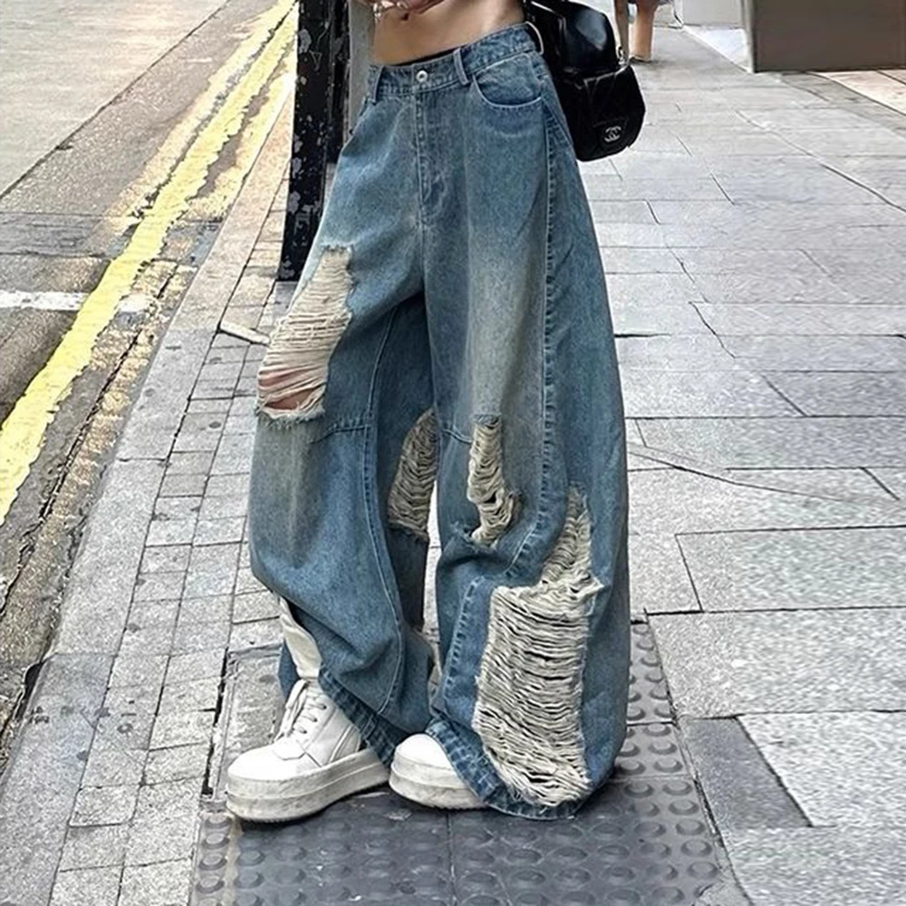 trend street vibe dancing babe ripped jeans retro high waist loose lazy loose flooring pants  joggers women