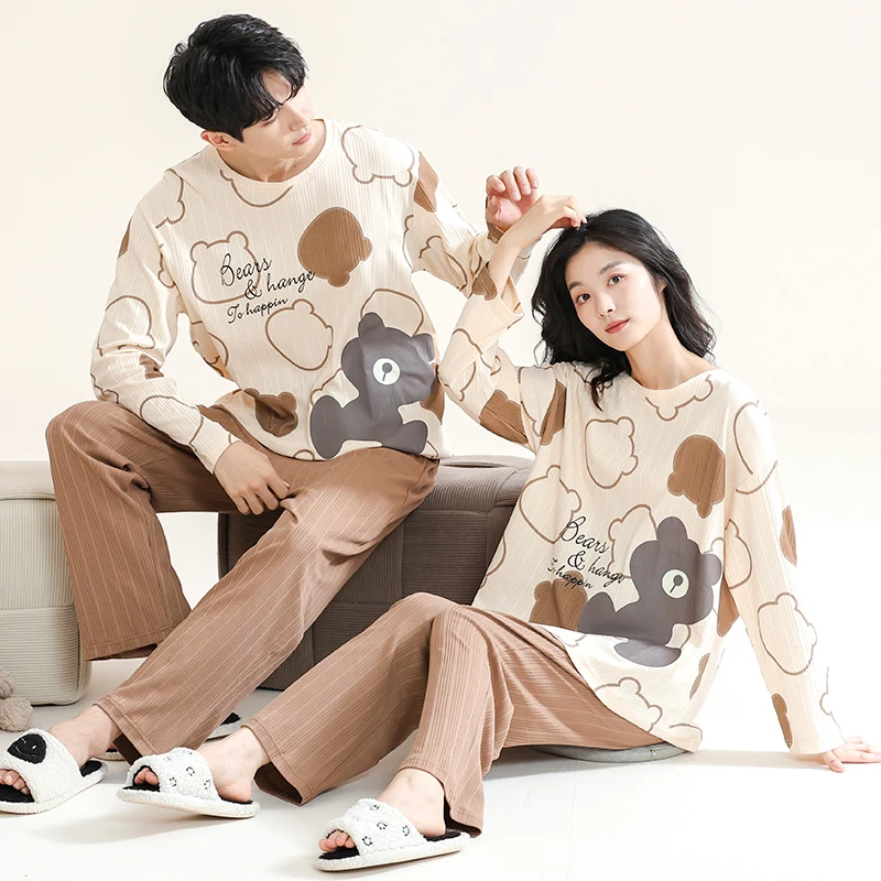 Korean Cotton Homewear Women and Men Matching Pajamas Set for Spring Couple's Cartoon Cute Sleepwear pijama pareja masculino