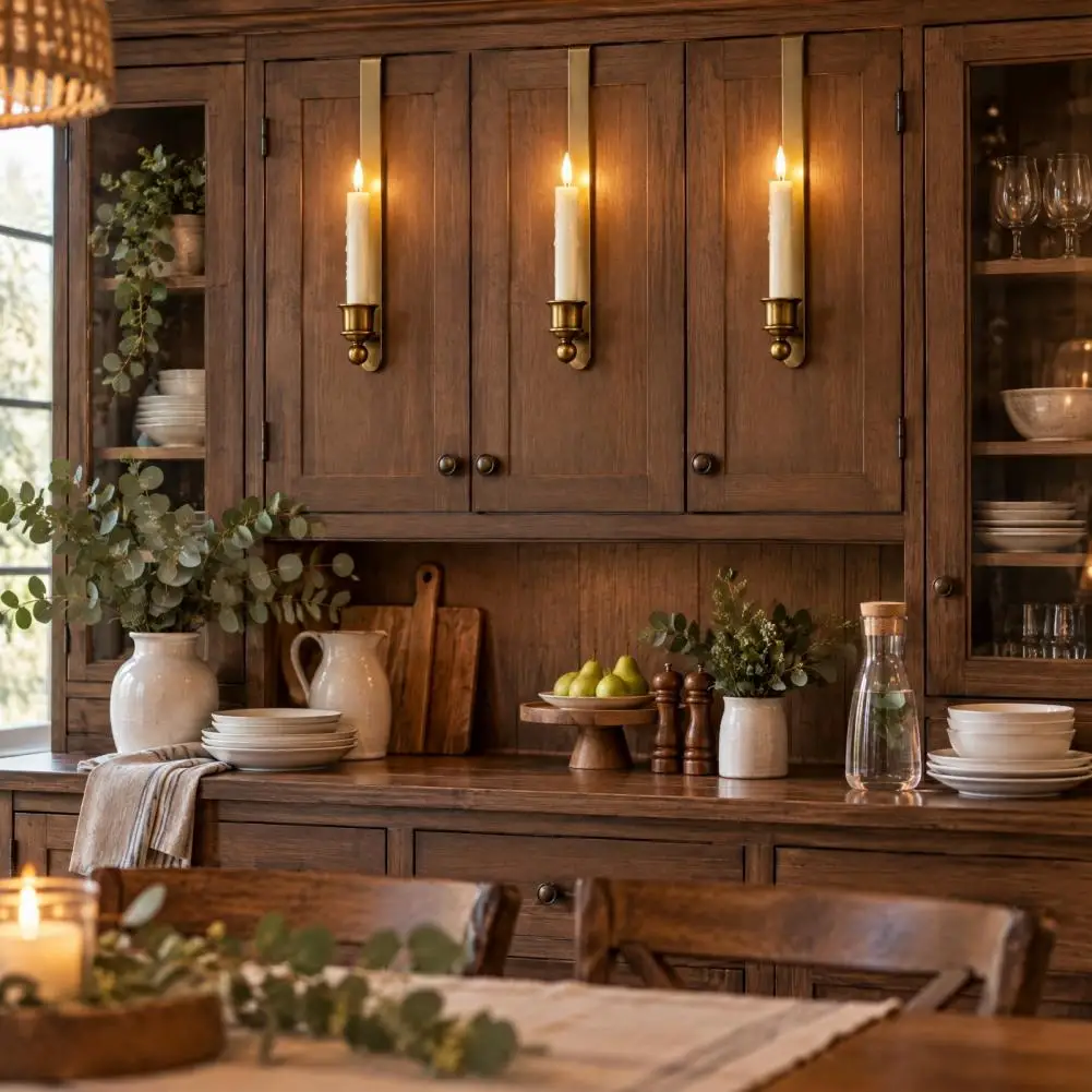 Farmhouse Cabinet Hanging Metal Candlesticks Vintage Brass Led Taper Candles Battery Operated Flameless Flickering Lights Wall