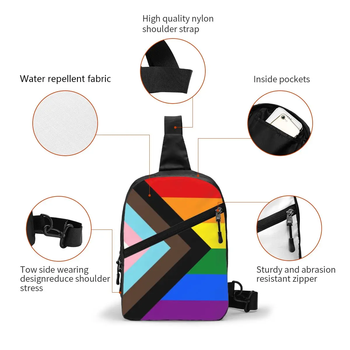 Cool LGBT Progress Pride Flag Crossbody Sling Backpack Men Gay Pride Shoulder Chest Bag for Traveling