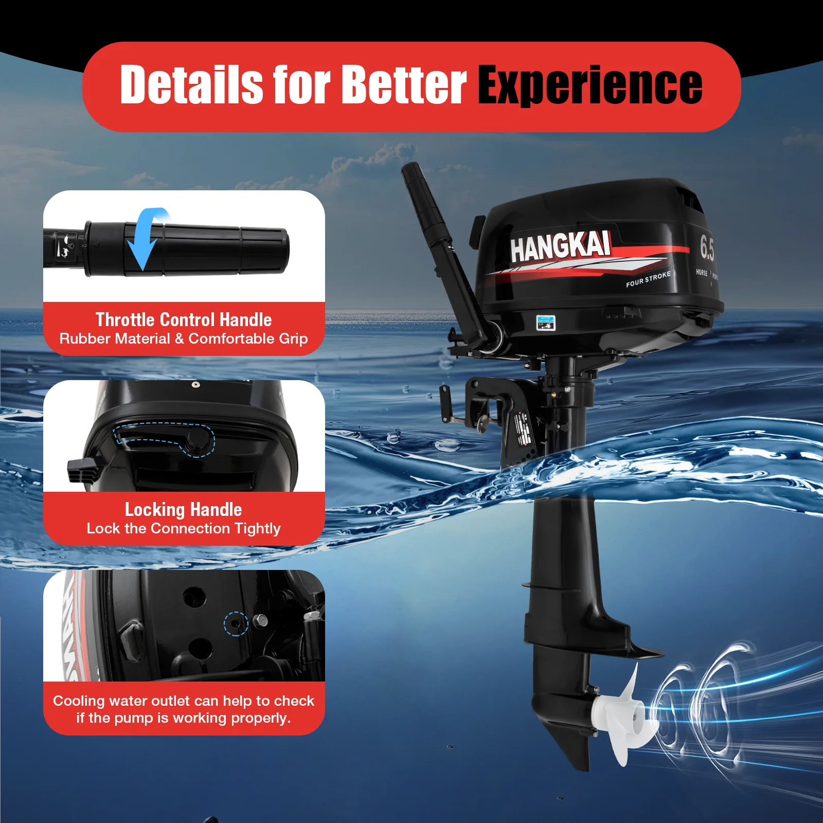 HANGKAI 4-Stroke 6.5HP Outboard Motor, 123CC Full Water Cooling Short Transom Outboard, Short Shaft Gasoline Boat Outboard Engine For Kayaks, Canoes, Dinghies, Inflatable Boats