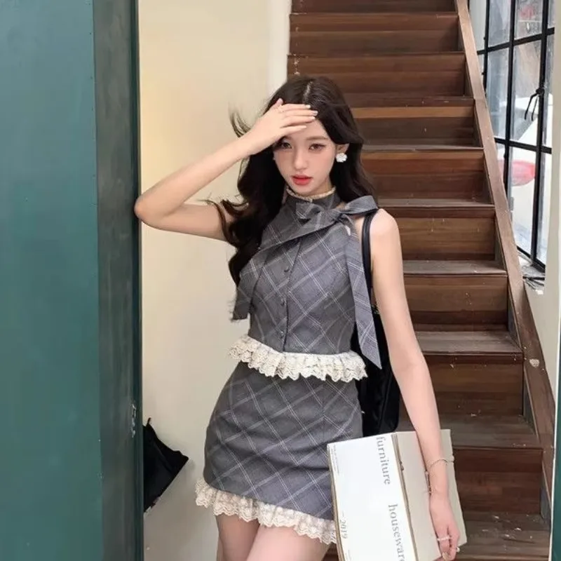 

Sweet Hot Girl Suit Women's Summer Lace Plaid Bow Sleeveless Shirt Buttocks Short Skirt Two-piece Set Fashion Female Clothes