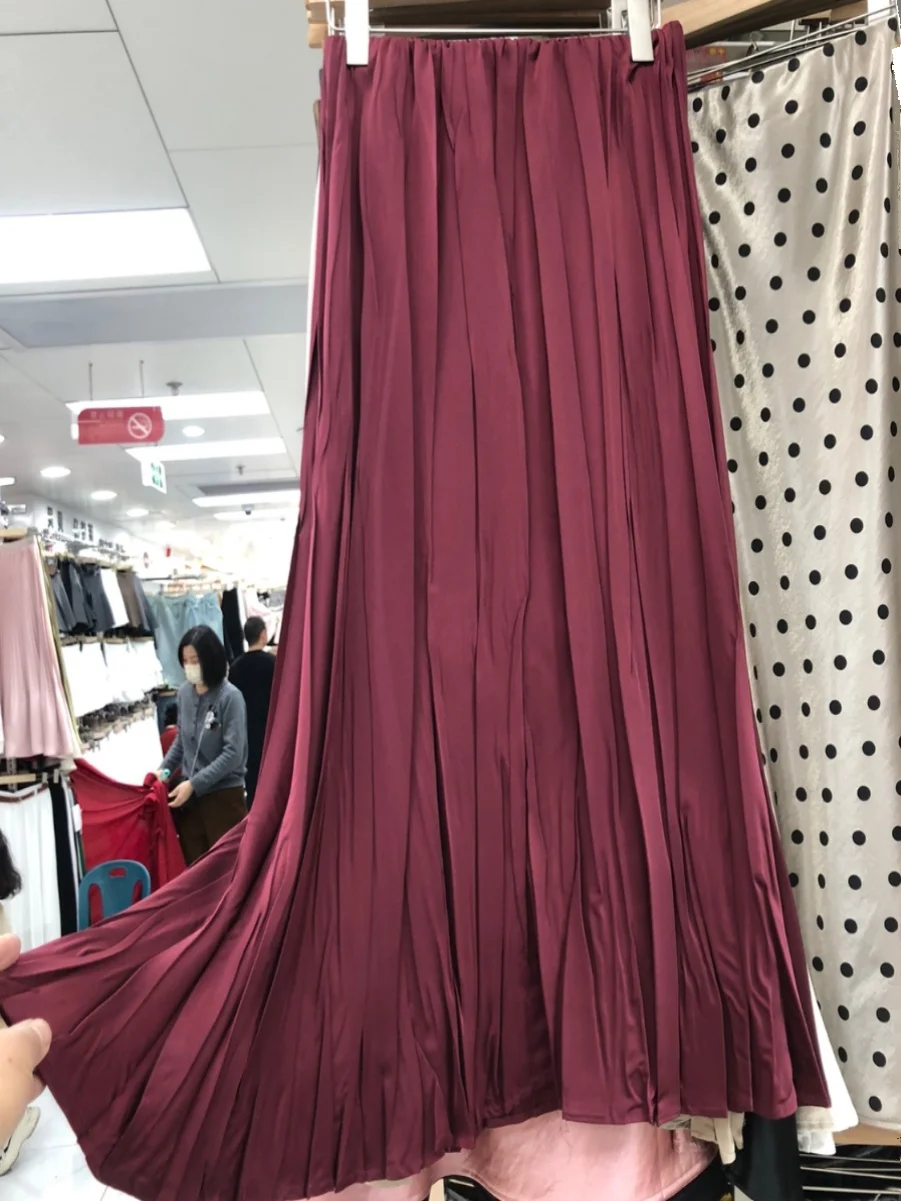 

Silky Smooth Pleated A-Line Midi Skirt Women's Spring Summer 2025 New High Waist Korean Sle Casual Pure Color Maxi Skirt