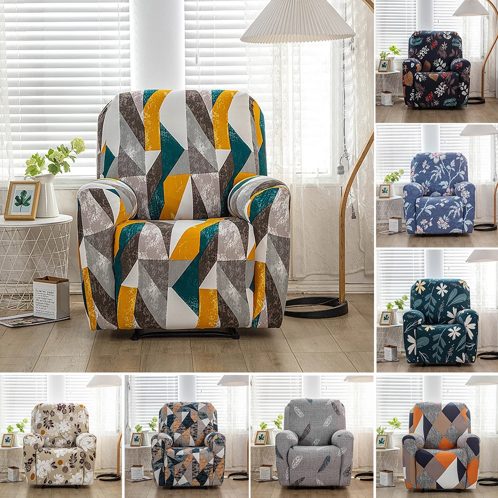 Conjunto de 4 Peças de Capas Elásticas Estampadas para Sofá Reclinável de 1 Lugar, Capas Elásticas para Poltrona Relax e Sofá para Sala de Estar, Capa de Sofá