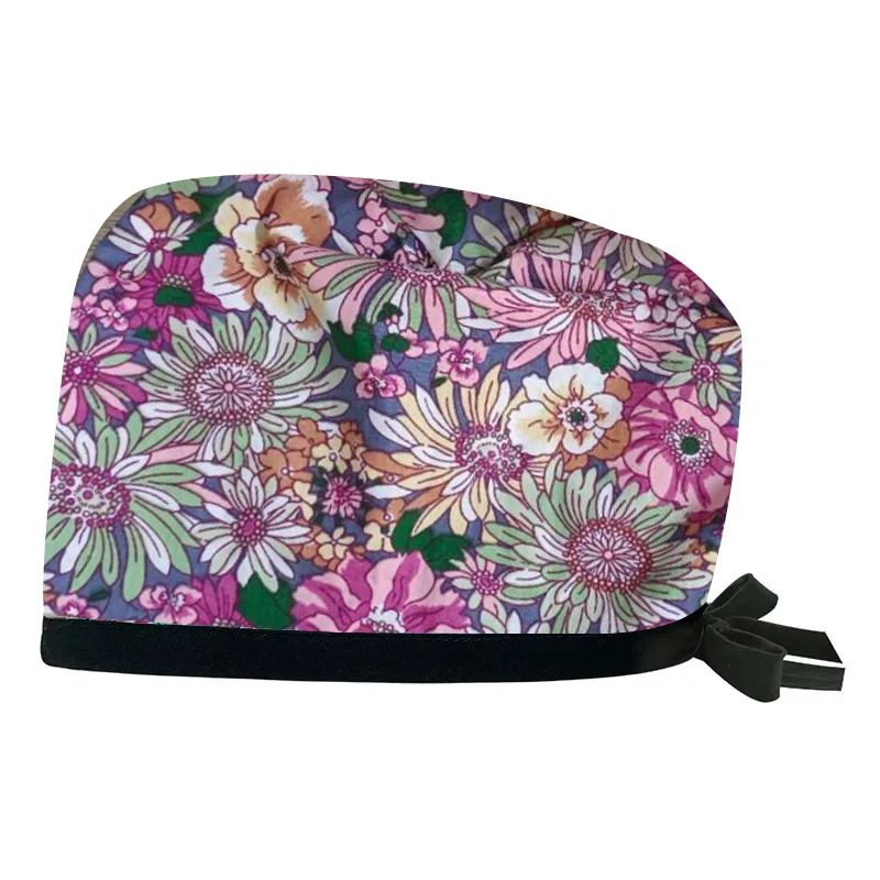 100% coton dessin animé imprimé fleur casquette d'allaitement dames dentiste casquette clinique pour animaux de compagnie infirmière chapeau laboratoire gommage casquette esthéticienne accessoires