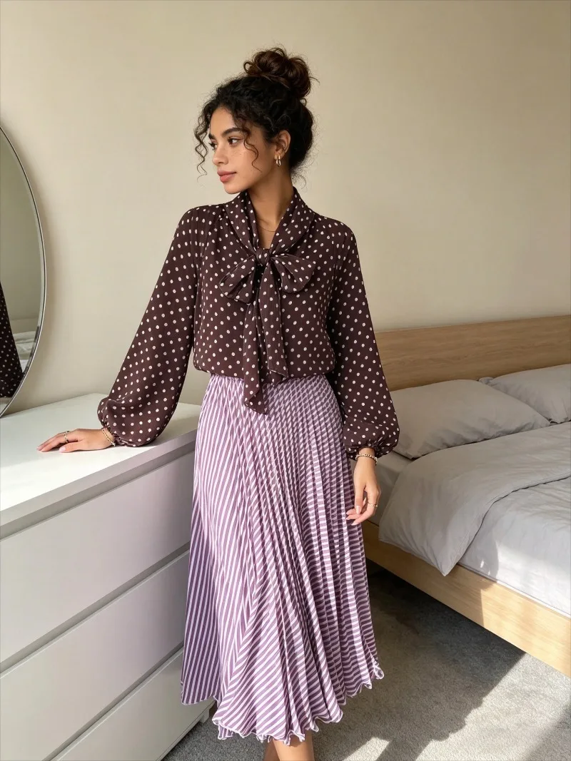 

Spring Dot Printed Vintage Shirt Blouse for Women New Women's Fashion Loose Simple Bow Polo Long Sleeve Shirt Female Tops