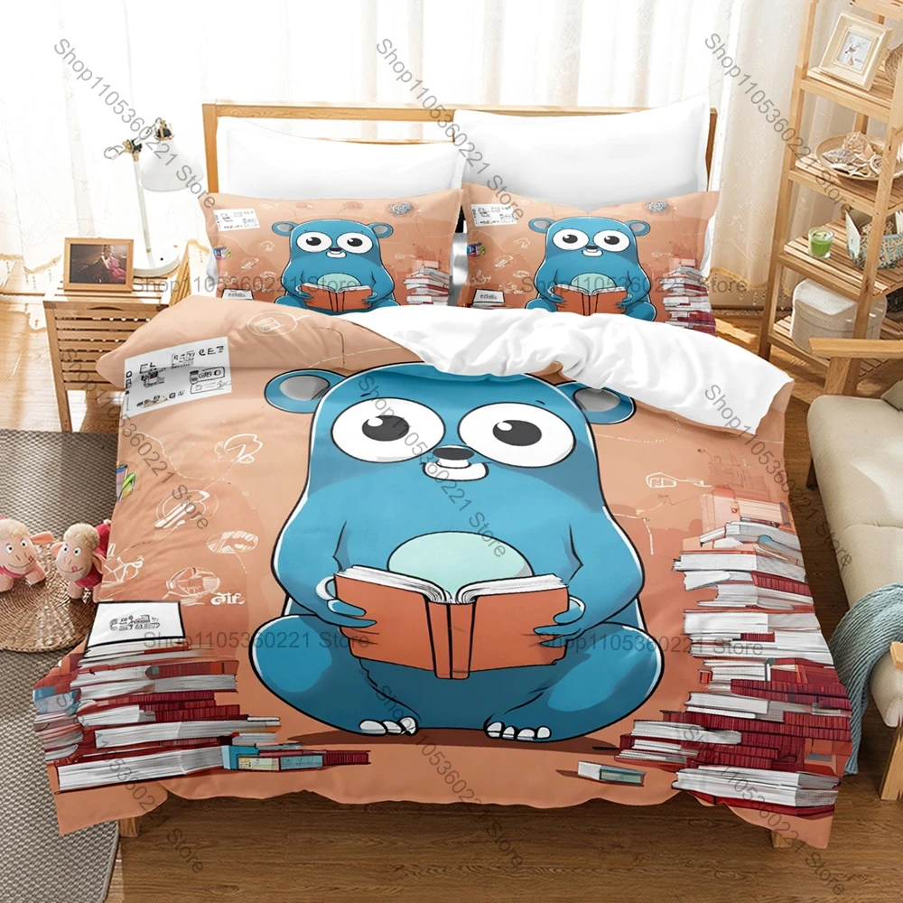 Cool Coding Geek Golang Gopher Cartoon Pattern Bedding Set Duvet Cover + 2 Pillowcases IT Developer Dorm Home Decoration