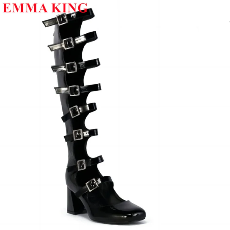 Women Black Patent Leather Knee High Boots Buckle Round Toe Cutouts Gladiator Sandals Boots Sexy Thick Heel Gothic Shoes Woman