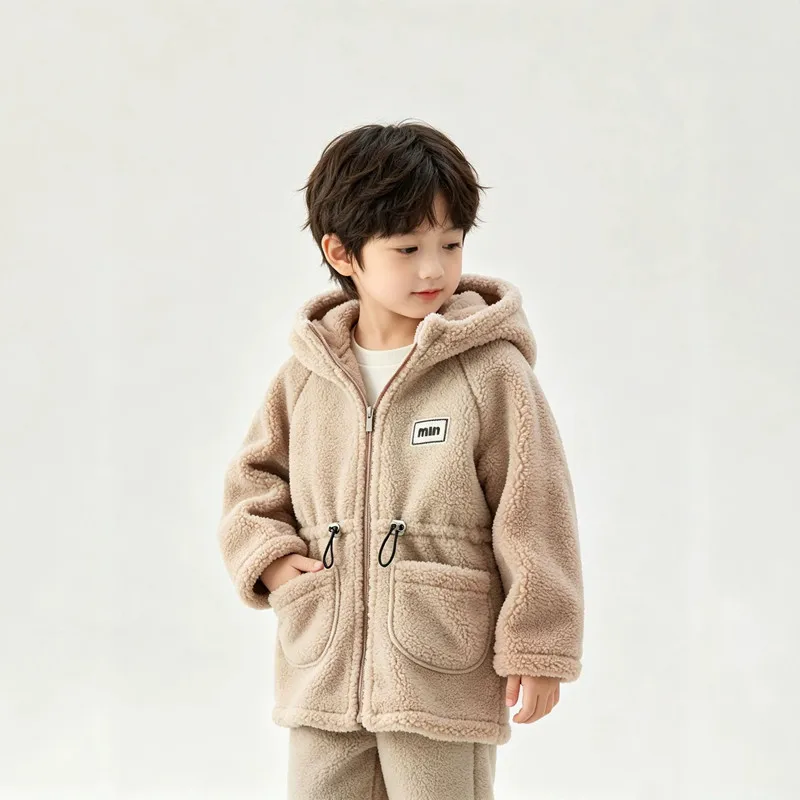 Children's Fleece Coat Autumn Kids Mid-Length Hooded Warm Jacket For Boys Girls 2-13 Years Wear