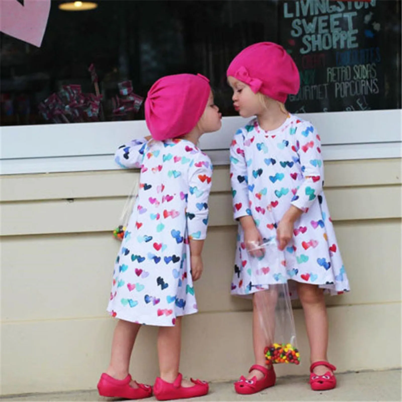 Toddler Casual Style Dress, Baby Girls Heart Print Long Sleeve Round Neck Asymmetric Hem 1-piece