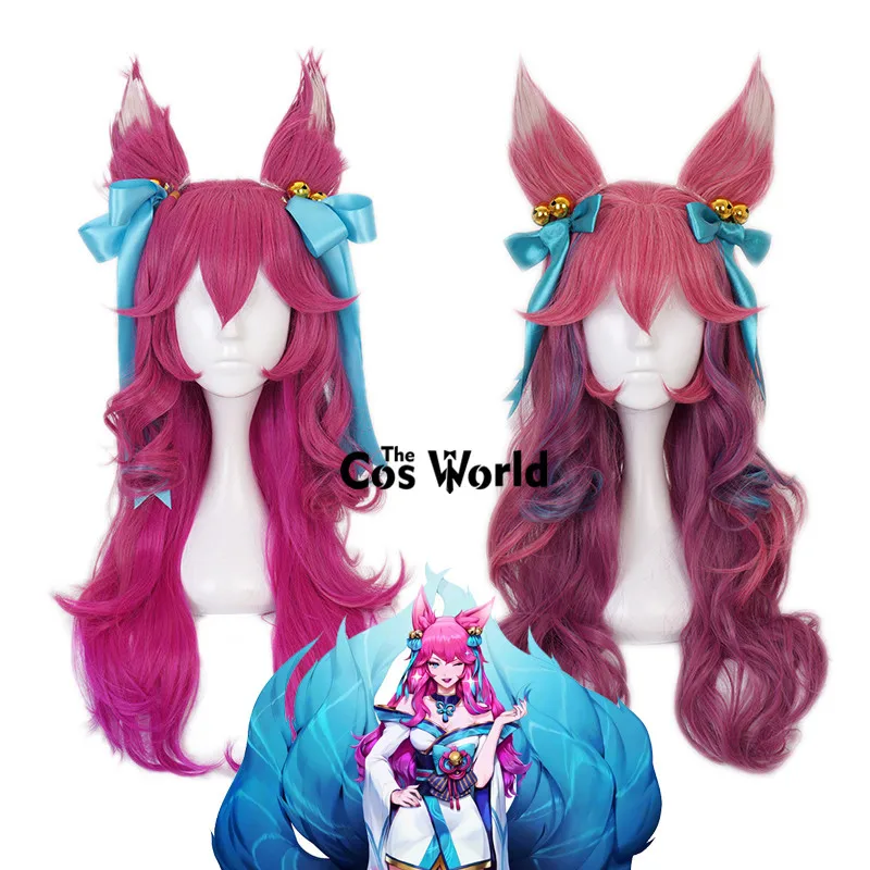 

LOL Spirit Blossom the Nine-Tailed Fox Ahri Long Wavy Games Cosplay Wigs Fiber Heat Resistant Synthetic Hair + Wig Cap