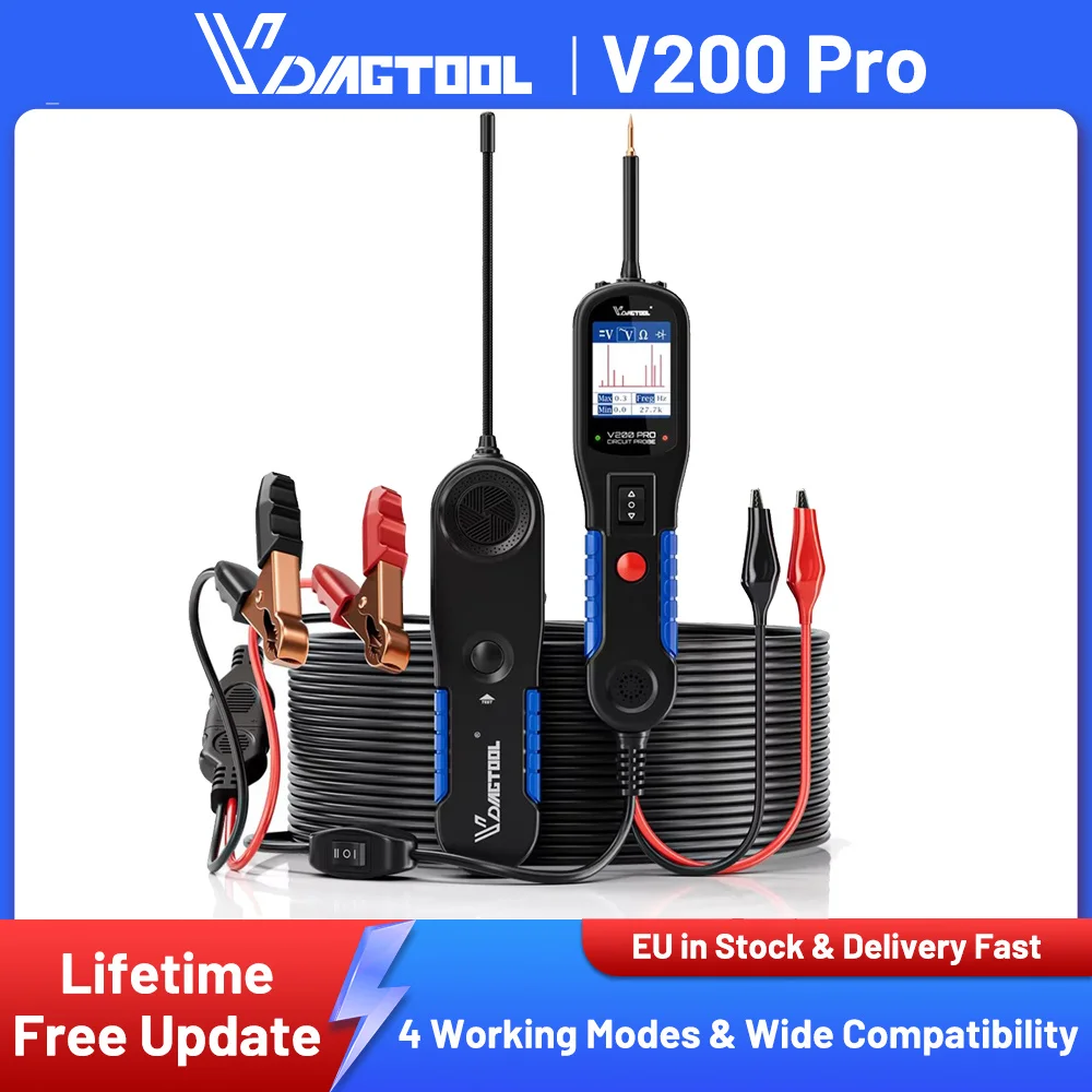 VDIAGTOOL V200 Pro 12V-24V Détecteur de court-circuit électrique, Testeur de circuit de puissance automobile, Traceur de câbles, Testeur de relais et de fusibles AC/DC pour remorque