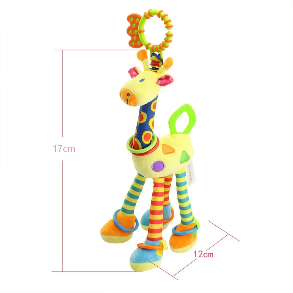 Suave jirafa animal campana de mano sonajero de felpa para bebé andador cama juguetes colgantes bebé educación temprana entrenamiento juguetes sensoriales