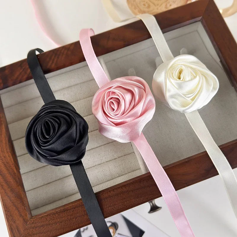 Vintage Satin Rose Necklace for Women Black Pink White Color Long Ribbon Chains Versatile Neck Strap Party Wedding Jewelry Gift
