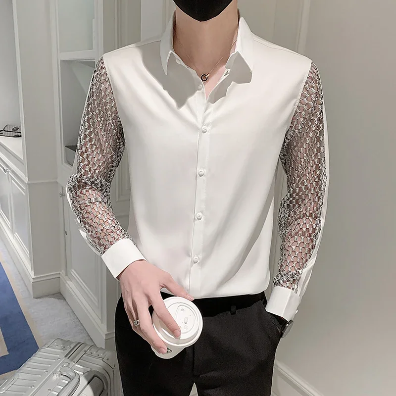 

Shirts & Blouses Fashion Hollow Lace Spliced Men's Shirts Long Sleeve Korean Luxury Clothing Slim Fit Shirts For Men Tuxedo 3XL