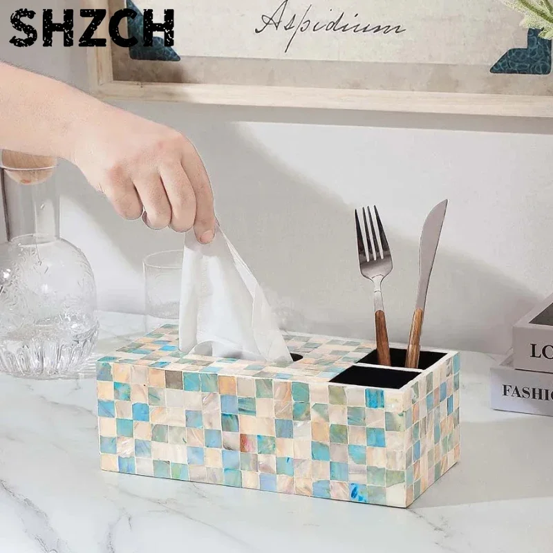 Colorful Shell Tissue Box Multifunctional Desktop Organizer for Living Room Tea Table Remote Control Holder Household Tableware