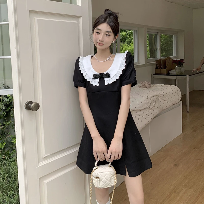 Hepburn Style Black Peter Pan Collar Summer Women's A-line Casual Mini Dress