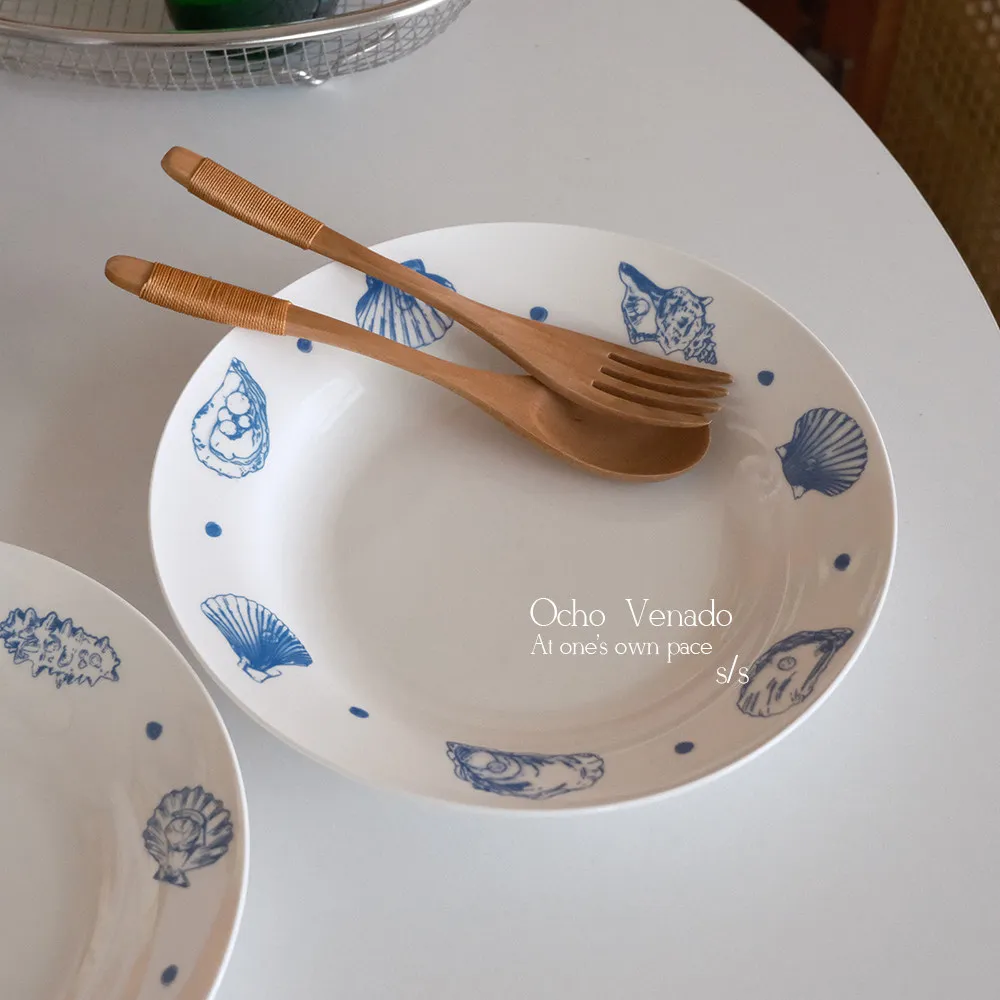 Conch Starfish Pattern Ceramic Plate 2026 New Household Round High Temperature Firing Craft Pasta Dishes High End Serving Plate