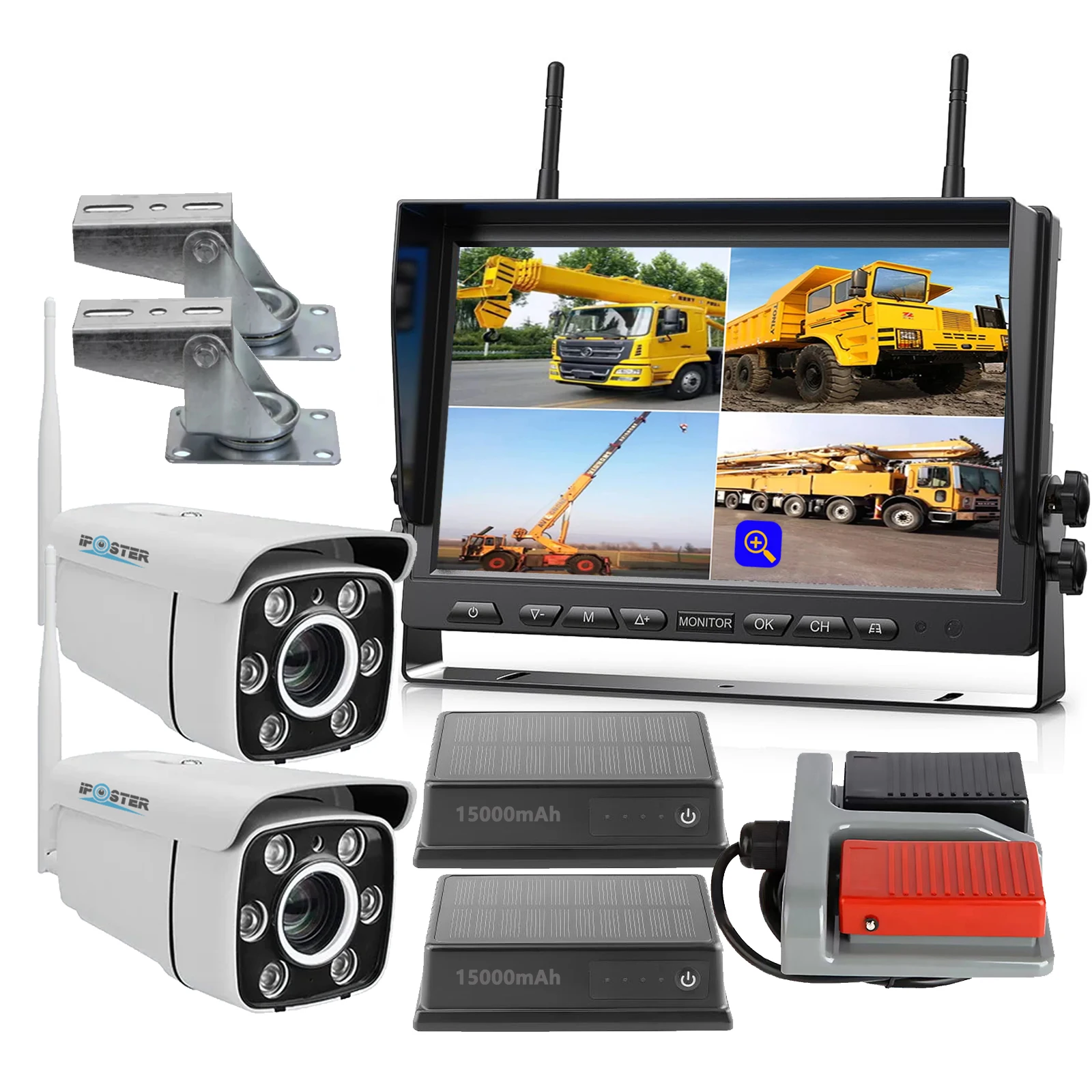 Iposter guindaste sem fio 10.1 Polegada quad monitor dvr torre guindaste câmera de monitoramento 30x zoom pé controle 15000mah bateria kit