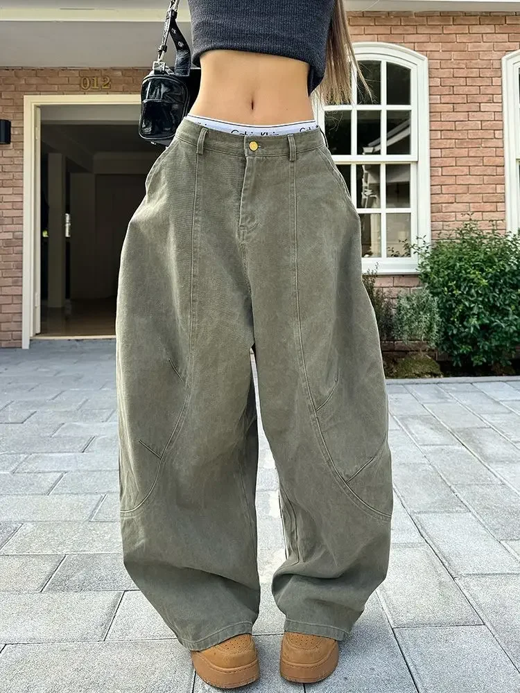 Women's Solid Color Military Green Curved Wide Leg Trousers Street Girl Bottoms Female High Waisted Autumn Vintage Unisex Pants