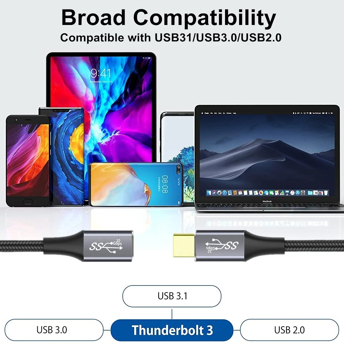Extensor de transferencia rápida USB tipo C, 10Gbps/USB3.2, 100W/5A, carga Compatible con iPhone 15 Pixel 8 PSVR2 Surface Book y más