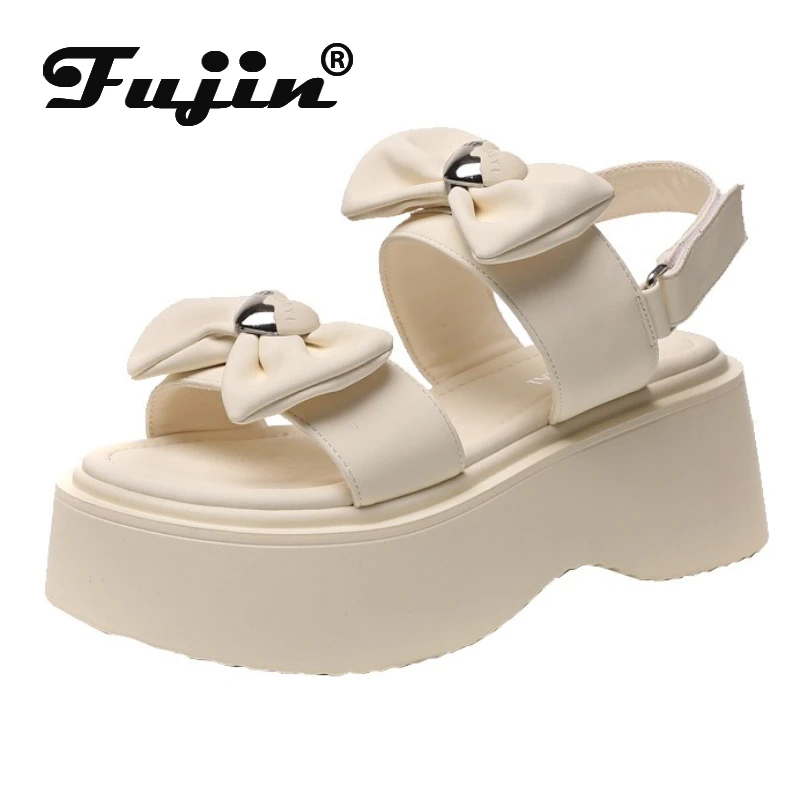 

Fujin 7,5 см кожаные туфли Мэри Джейн из микрофибры с открытым носком, летние женские туфли на танкетке с крючками, удобные модные туфли высокого бренда