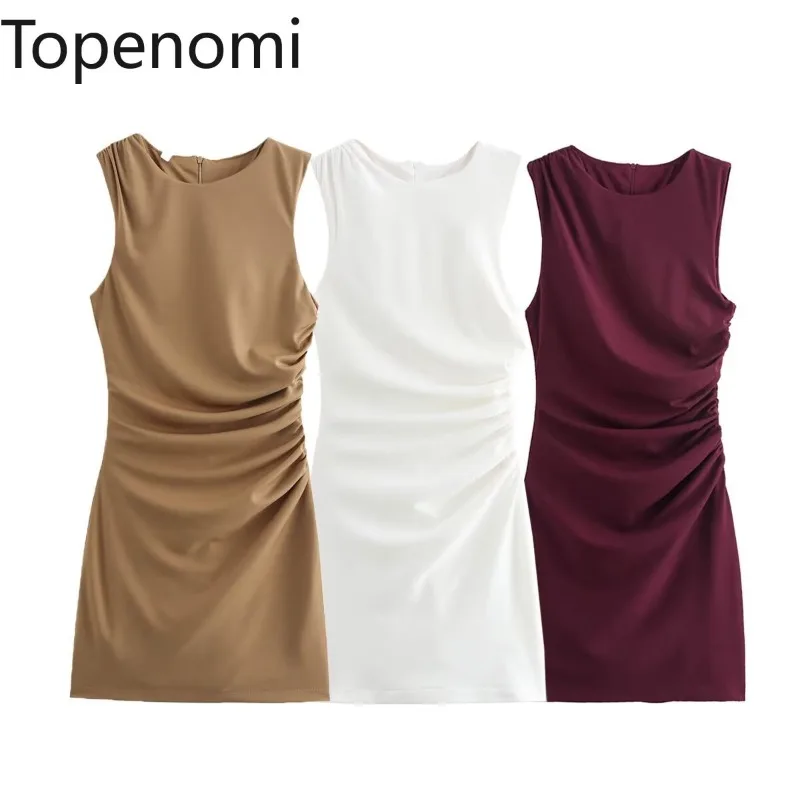 Topenomi Party Dress Women Sexy Round Neck Folds Slim Waist Wrapped Short Dresses Temperament Solid Sleeveless Evening Vestidos