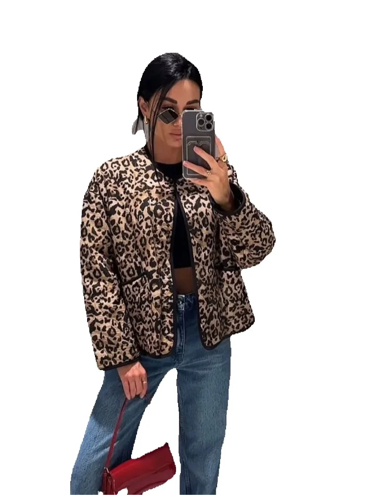 Leopard Single-Breasted O-neck Coats Women Retro Patchwork Long Sleeved Jackets Female Winter Warm Thickened High Street Tops ﻿