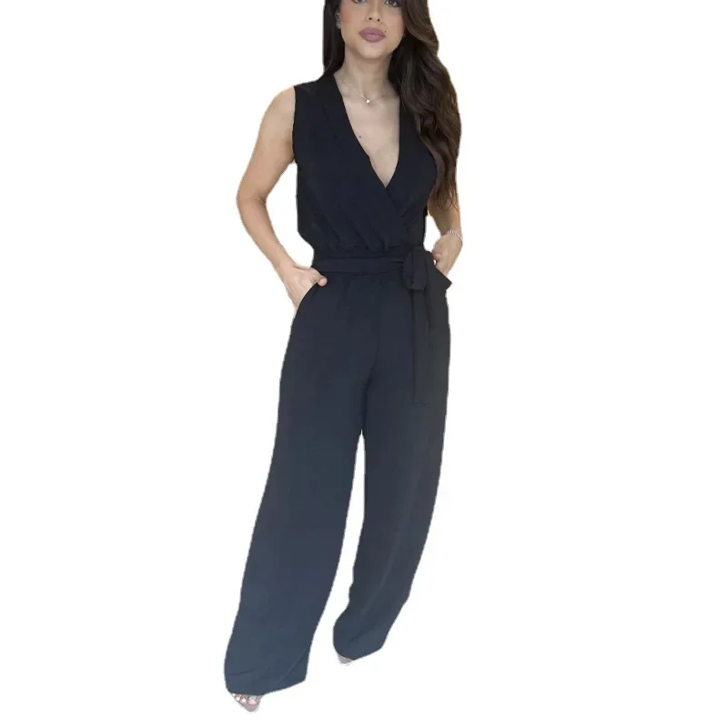 Women Jumpsuits Sleeveless Rompers V Neck Overalls Wide Leg Pants High Street Y2k Loose Jumpsuit One Piece Sashes Ankle Length