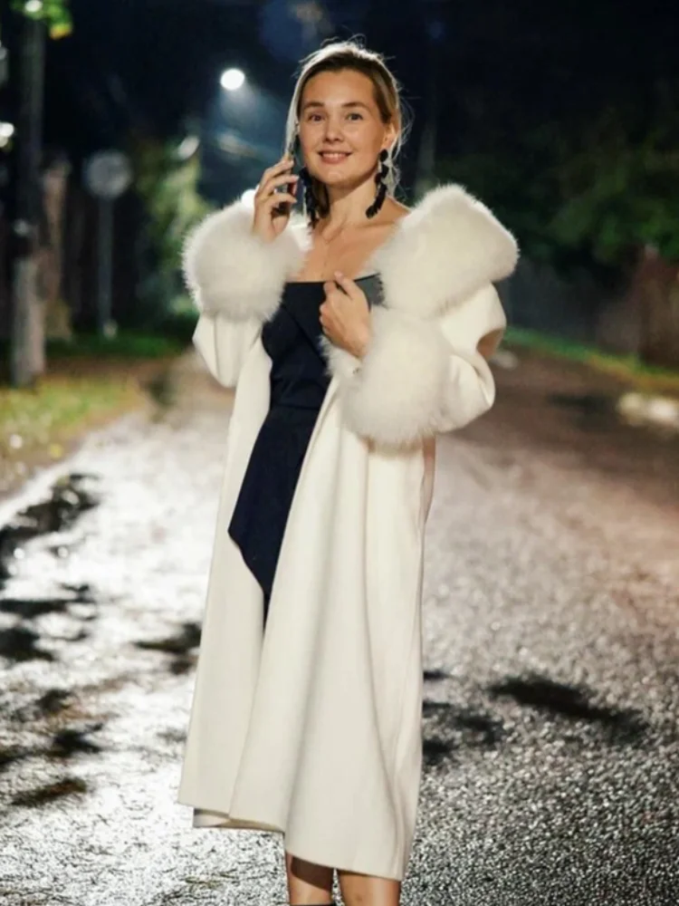 

Elegant Faux Fur Long Plush Women Coat Lace Up Full Sleeve V-neck Female Jackets 2025 Winter Fashion Split Loose Lady Outwears