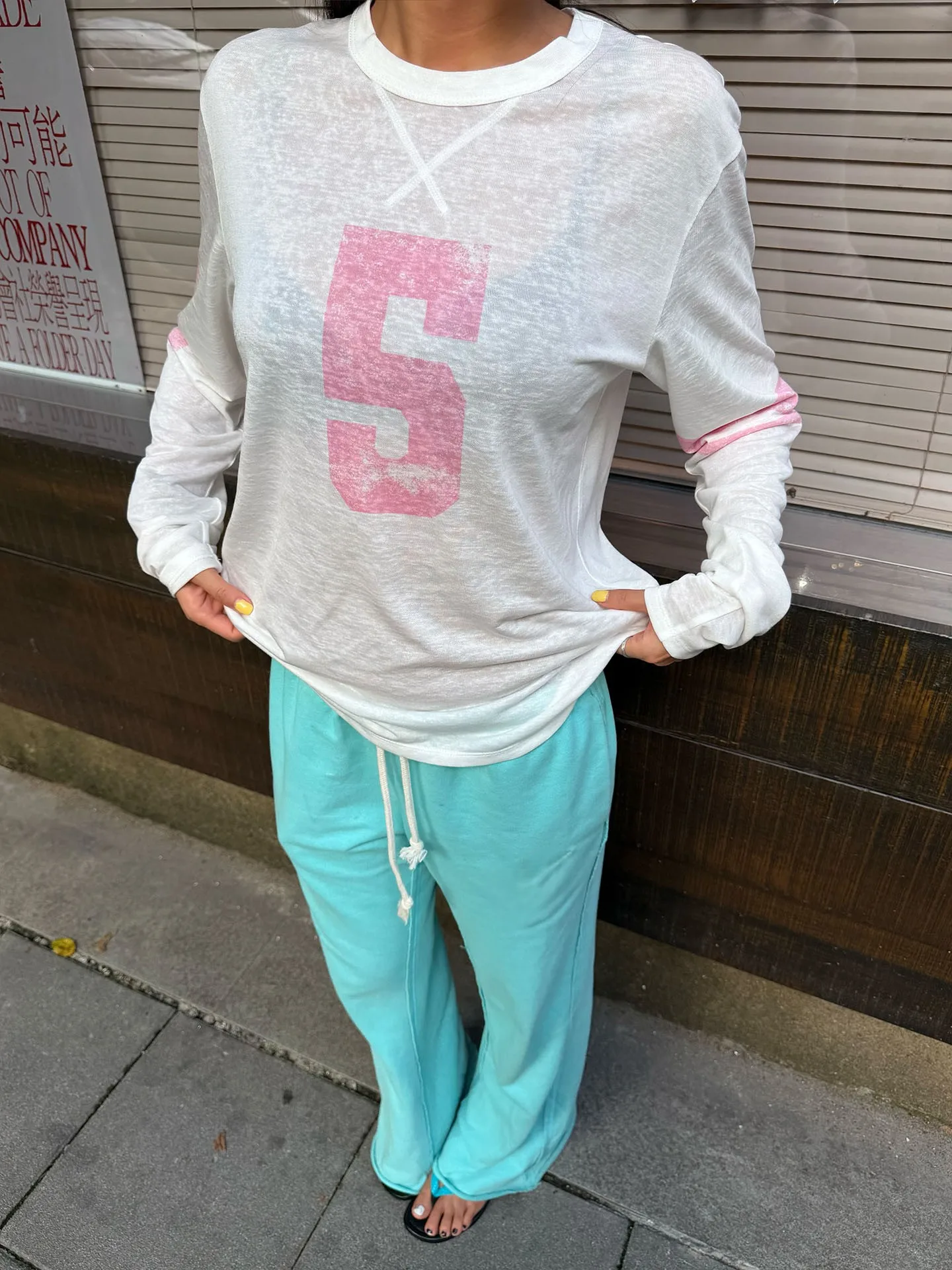 DIY White Round-Neck Long-Sleeve T-Shirt, Pink Digital Print Lyocell Semi-Sheer Slub Texture Blouse, Vintage Washed Distressed Number 5 Long-Sleeve T-Shirt