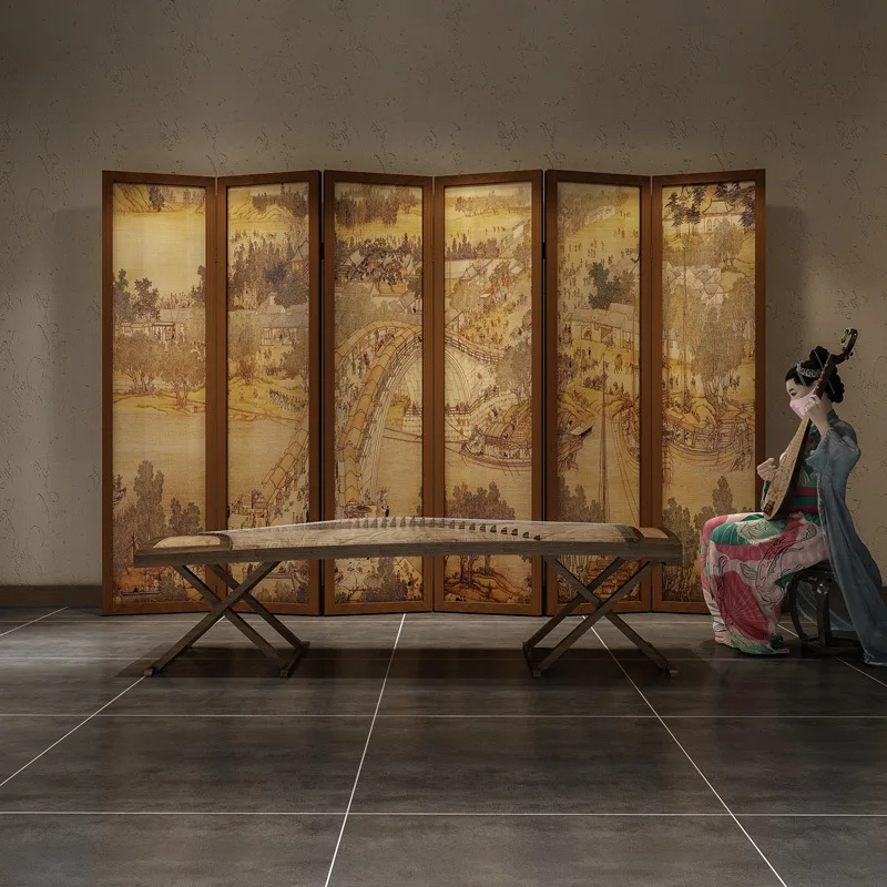 Chinese vintage screen partition cover, foldable entryway, living room, hotel office, Qianli Jiangshan, solid wood folding scree
