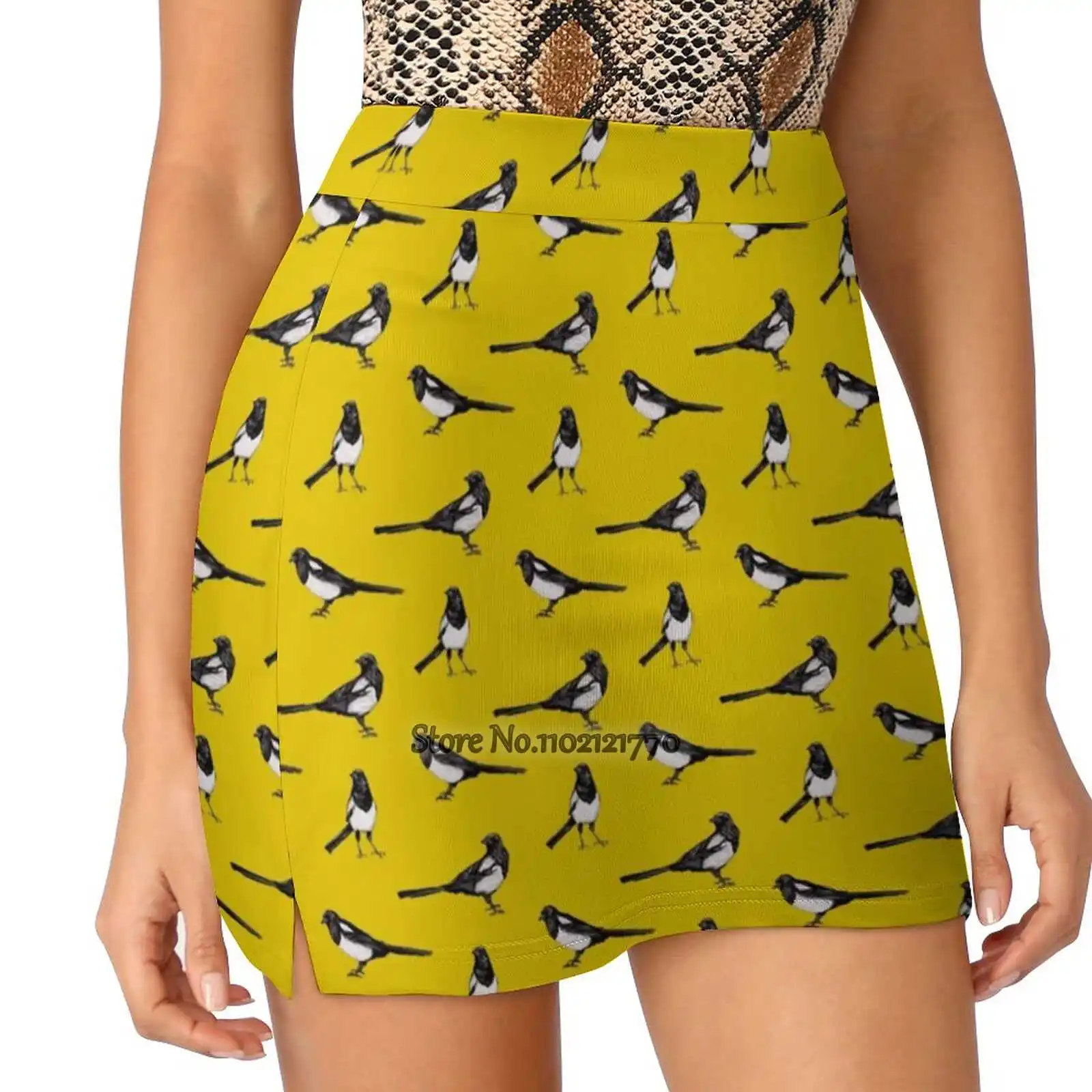 

Magpies On Yellow - Bird Pattern Women Sports Lining Skirt Tennis Dance Fitness Short Printed Skirts Magpie Magpies Yellow Bird